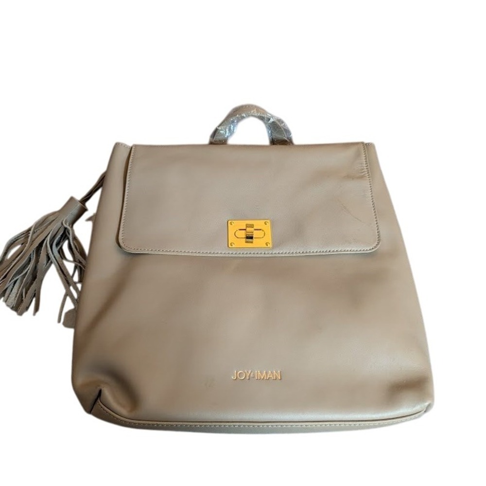 JOY IMAN‎ Taupe Leather Convertible Backpack Tassel Gold Hardware